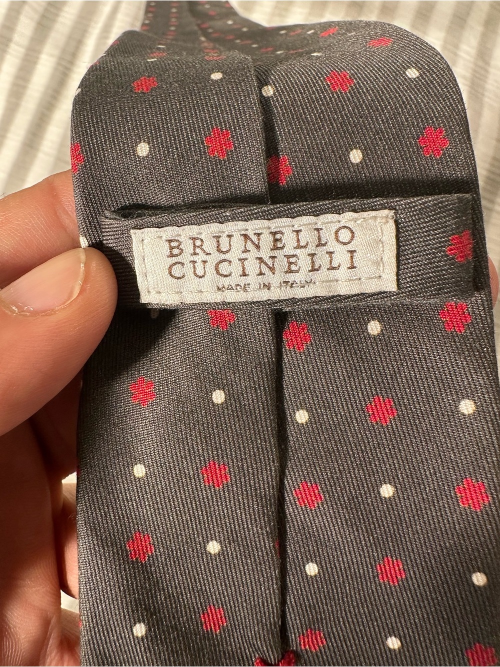 Brunello Cucinelli Men's Dark Grey Tie Dot Pattern silk/ Cotton Made in Italy